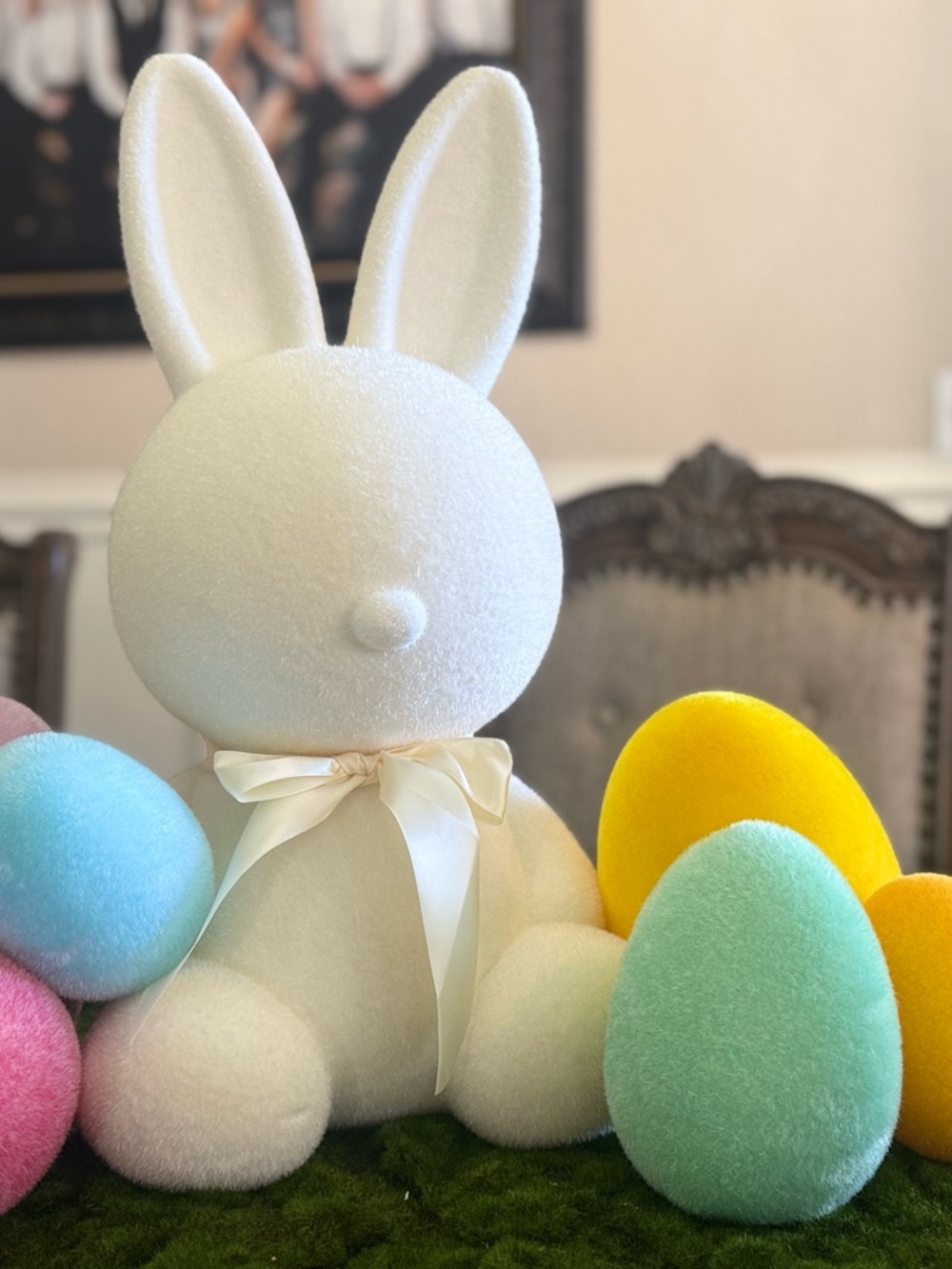 Bundle***White Plush Bunny Figurine with Ribbon& Set of six flock eggs